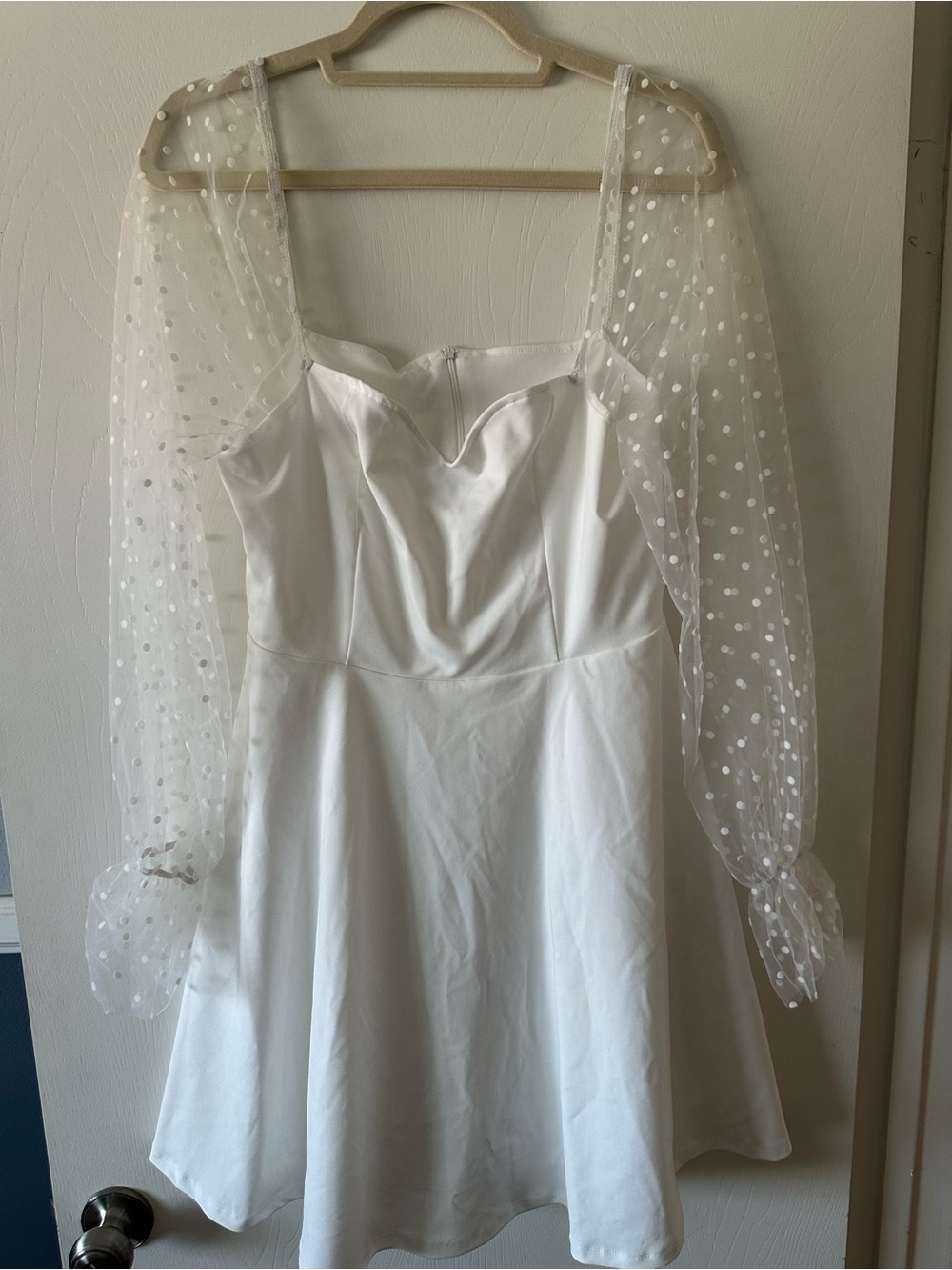 White Polka-Dot Mesh Sleeve Midi Dress